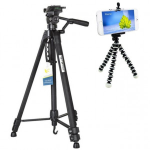 Pachet Trepied foto telescopic Weifeng WT-3560 universal 64-167 cm + Trepied flexibil cu suport pentru telefon mobil sau aparat foto, Pufo