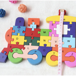 Puzzle din lemn Pufo pentru copii cu numere si cifre, model Trenulet, 26 piese, 26 cm