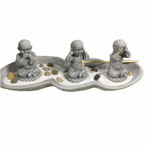Set decorativ Zen cu suport pentru lumanari si betisoare parfumate cu 3 statuete Buddha, Nu vad, Nu aud, Nu vorbesc, gri