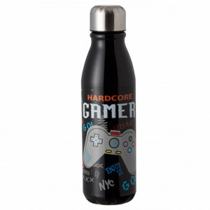 Sticla termos metalica Pufo Hardcore Gamer pentru bauturi, izoterm, 600 ml, negru