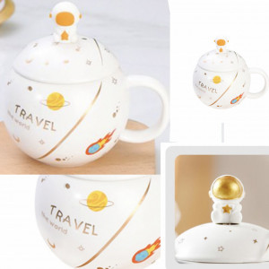 Cana cu capac tip ceainic din ceramica si lingurita Pufo Travel the World pentru cafea sau ceai, 400 ml, alb