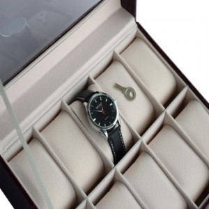 Cutie caseta eleganta depozitare cu compartimente pentru 10 ceasuri, imprimeu crocodil, model Premium cu cheita, visiniu, Pufo