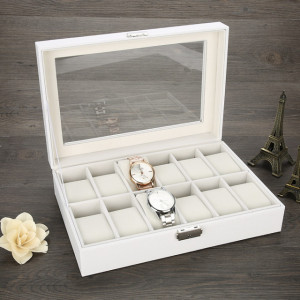 Cutie caseta eleganta depozitare cu compartimente pentru 12 ceasuri, model Premium cu cheita, alb, Pufo