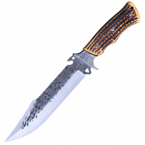 Cutit de vanatoare 32 cm, lama gravata, maner ergonomic imitatie corn cerb, teaca inclusa
