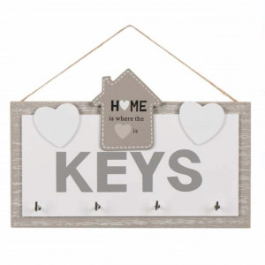 Decoratiune Pufo din lemn cu agatatoare pentru chei, model Home is love