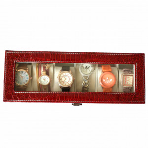 Oferta! Caseta eleganta depozitare cu compartimente pentru 6 ceasuri, imprimeu crocodil rosu + 6 ceasuri de dama
