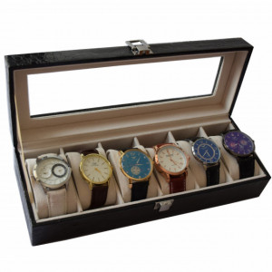 Oferta! Caseta eleganta depozitare cu compartimente pentru 6 ceasuri, imprimeu crocodil negru + 6 ceasuri barbatesti