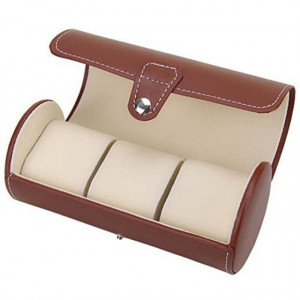 Pachet cutie caseta depozitare si transport din piele ecologica pentru 3 ceasuri + 1 ceas barbatesc elegant DEEP RED, cifre romane, curea maro, Pufo