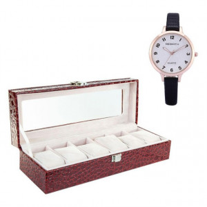 Pachet cutie caseta eleganta depozitare cu compartimente pentru 6 ceasuri, imprimeu crocodil, rosu + 1 ceas elegant de dama Rebirth