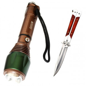 Pachet lanterna metalica 3W CREE LED, acumulator LiIon 18650 (6800 mAh) + cutit briceag Butterfly 22.5 cm, insertii lemn