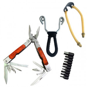 Pachet patent multifunctional pentru camping de 18 cm cu set de surubelnita + prastie metalica de buzunar cu cauciuc natural, latex, rezistent