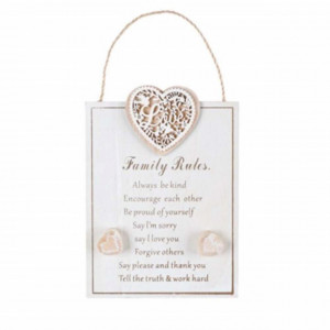 Placa decorativa Pufo din lemn, model Family rules, 14 x 20 cm