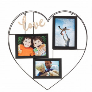 Cadru rama foto metalic Pufo in forma de inima pentru 3 poze, 50 x 47 cm, negru