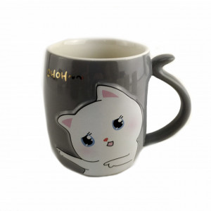 Cana cu capac din ceramica si lingurita Pufo Kitty pentru cafea sau ceai, 400 ml, gri