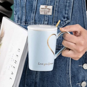 Cana cu capac din ceramica si lingurita Pufo Love you Sweetheart pentru cafea sau ceai, 350 ml, albastru
