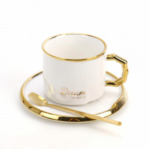 Cana din ceramica si lingurita Pufo Luxury pentru cafea sau ceai, 230 ml, alb