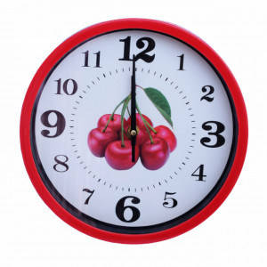 Ceas decorativ de perete Pufo Fruits, model Cherry, 25 cm, rosu