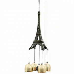 Clopotel de vant cu 3 clopotei si Turnul Eiffel pentru casa sau gradina, auriu
