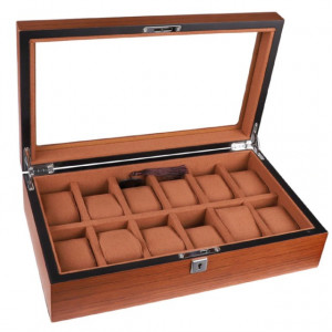 Cutie caseta din lemn pentru depozitare si organizare 12 ceasuri, model Pufo Elite Edition cu cheita, maro