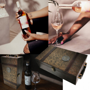 Cutie eleganta cu 2 compartimente pentru sticle de vin, model Pufo Luxury cu maner si 4 accesorii incluse, maro