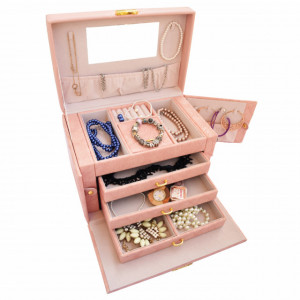 Cutie eleganta Pufo Gourgeos pentru depozitare si organizare accesorii si bijuterii, 27 x 19 cm, roz