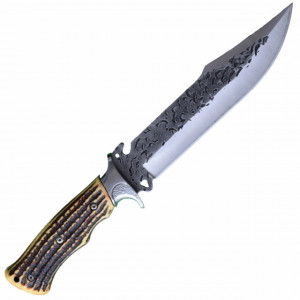 Cutit de vanatoare 32 cm, lama gravata, maner ergonomic imitatie corn cerb, teaca inclusa