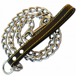 Lesa Pufo pentru caini de talie mare din lant cromat 4 mm x 120 cm, rezistent, maner piele, Argintiu/Negru