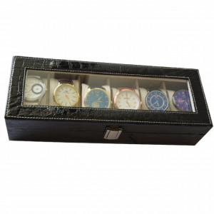 Oferta! Caseta eleganta depozitare cu compartimente pentru 6 ceasuri, imprimeu crocodil negru + 6 ceasuri barbatesti