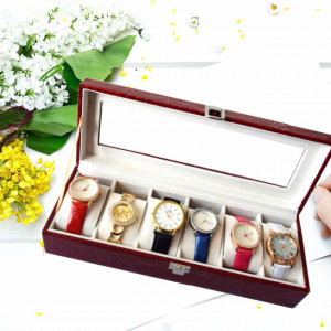Pachet! Caseta eleganta depozitare cu compartimente pentru 6 ceasuri, imprimeu crocodil rosu + 6 ceasuri de dama