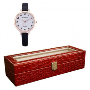 Pachet cutie caseta eleganta depozitare cu compartimente pentru 6 ceasuri, imprimeu crocodil, rosu + 1 ceas elegant de dama Rebirth