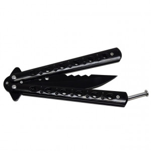 Pachet cutit butterfly, briceag fluture negru 23 cm + prastie metalica de buzunar cu cauciuc natural, latex, rezistent