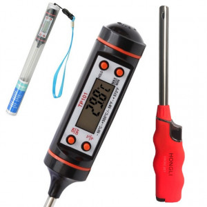 Pachet termometru digital cu sonda pentru bucatarie, lichide, alimente, lactate, prajituri, ceara, etc. -50° C - +300° C + Aprinzator reglabil si reincarcabil pentru aragaz tip bricheta, portocaliu
