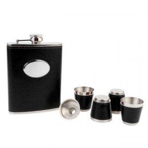 Set format din 4 piese: Caseta din lemn cu 4 pahare, sticla whiskey si joc sah, model Pufo Clasic, negru