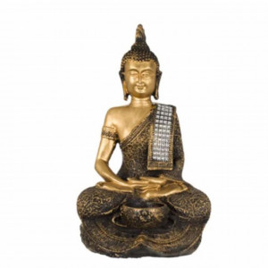 Statueta decorativa Buddha cu suport pentru lumanare, 28 cm, Pufo, aurie