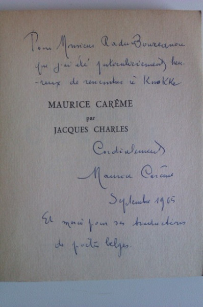 Jacques Charles - Poetes d`aujourd`hui - Maurice Careme (editie in limba franceza, cu autograful lui Maurice Careme)