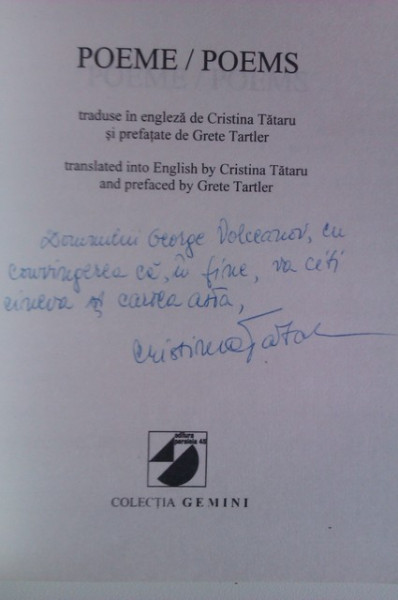 Stefan Aug. Doinas - Poeme/Poems (editie bilingva romana-engleza, cu autograful traducatorului, Cristina Tataru)