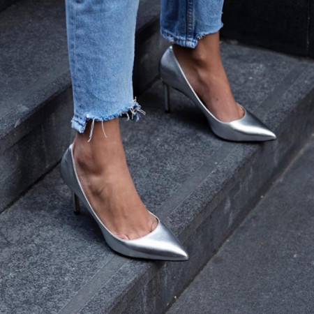 Pantofi Stiletto Premium Piele Naturala Silver 10 cm