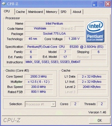Intel Pentium Dual-Core E5200 2.5GHz 2MB LGA775