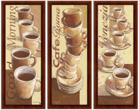Dobro jutro, kafa Roma, Venecija,tri uramljene slike 30x70cm svaka, triptih