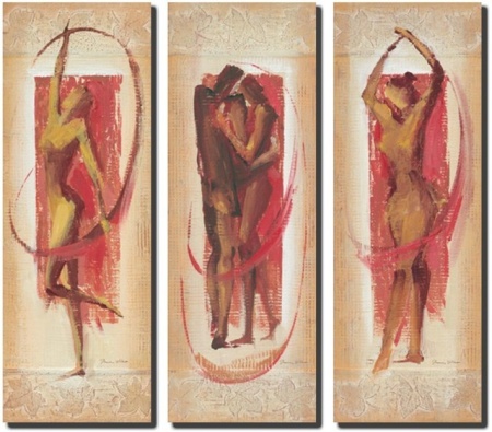 Triptih crvenih figura, 3 uramljene slike 30x70cm svaka