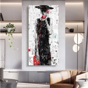 Black lady with red phone, uramljena slika 50x100cm