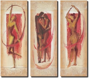 Triptih crvenih figura, 3 uramljene slike 30x70cm svaka