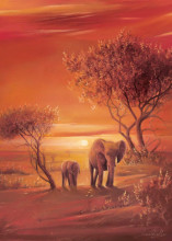 Sunset with elephants, uramljena slika 50x70cm