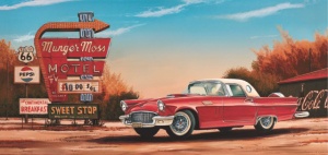 Old red car route 66 No 1, uramljena slika 30x70cm