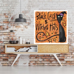 Black cats and witches hats, uramljena slika dimenzije 50x50cm