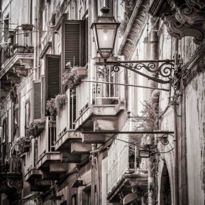 Beautiful vintage balcony and street lamp, uramljena slika 45x55cm