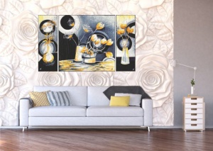 Žuto cveće triptih, uramljena slika 120x70cm ukupno