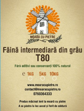 Faina intermediara tip T80 din grau macinat la moara cu pietre. Punga 5 Kg.