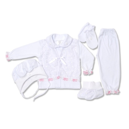 Costumas botez cu 5 piese si dantela roz