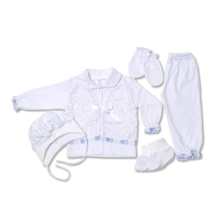 Costumas botez cu 5 piese si dantela bleu